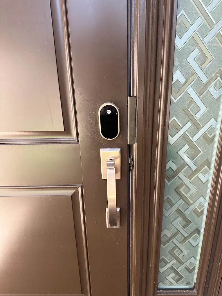 Boat cabin entry lock with marine-grade stainless steel hardware installed on cabin door